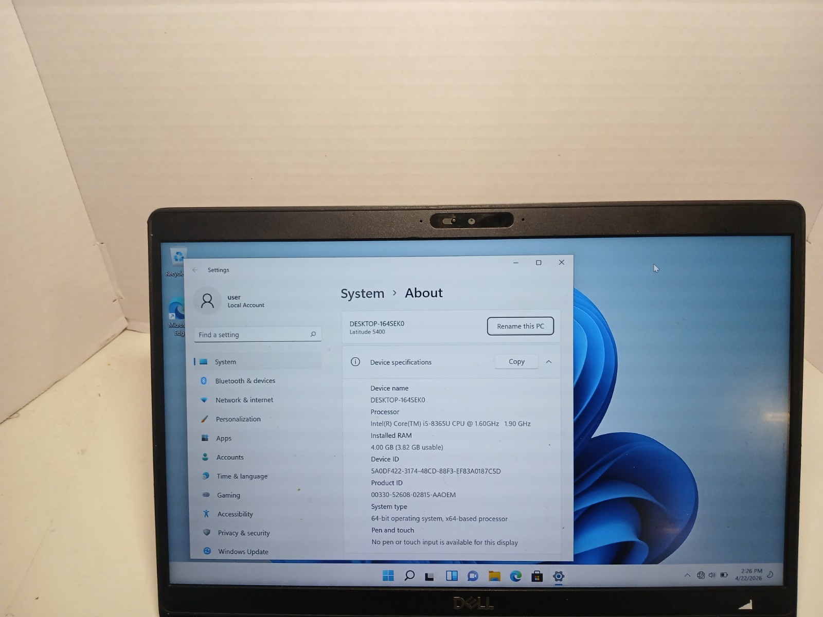 Dell Latitude 5400 14″ Laptop i5-8365U 1.6GHz 4GB RAM 256GB SSD Win11 #97