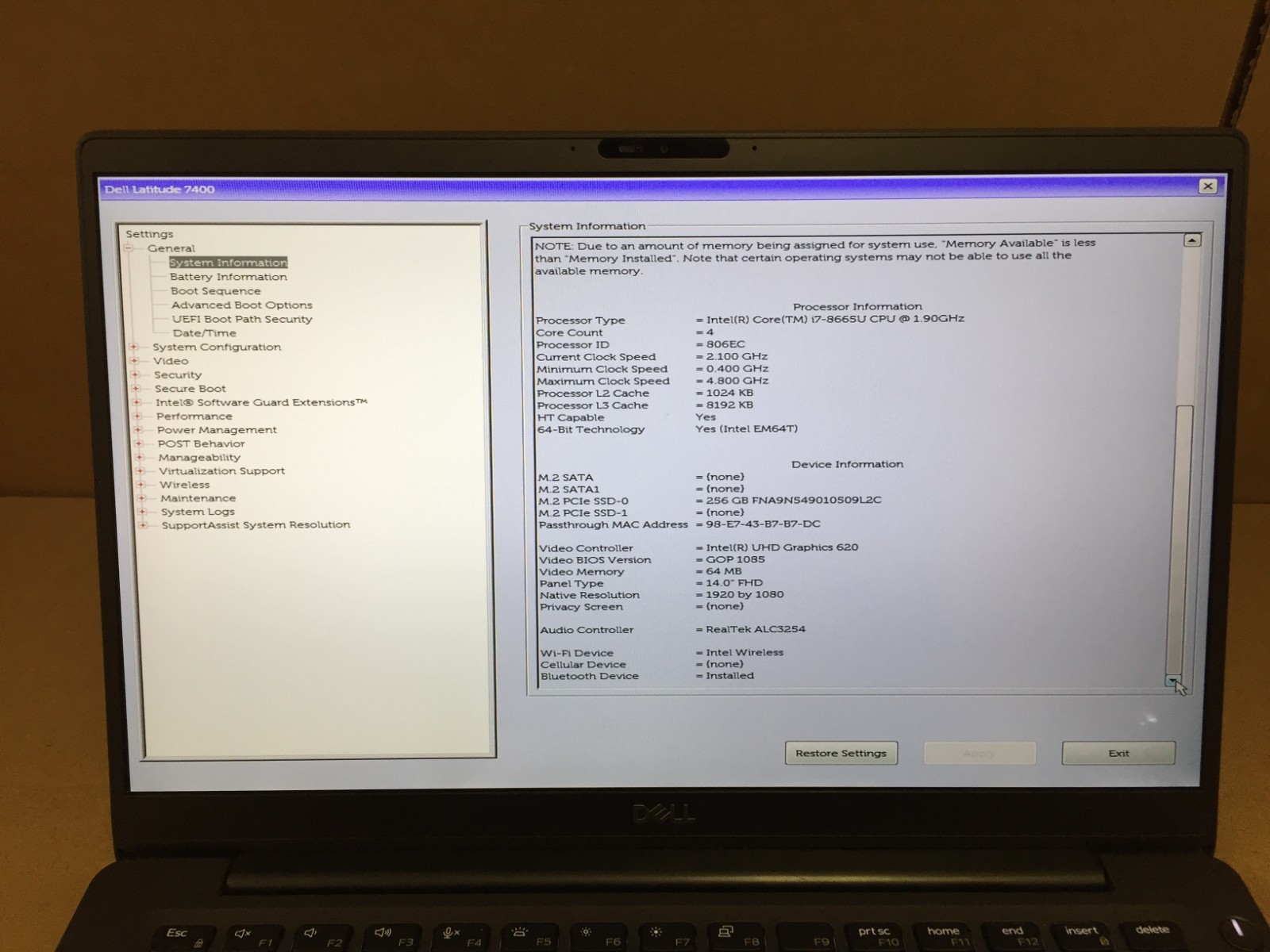 Dell Latitude 7400 14″ FHD Laptop Core i7-8665U 16GB RAM 256GB SSD w/AC Adapter