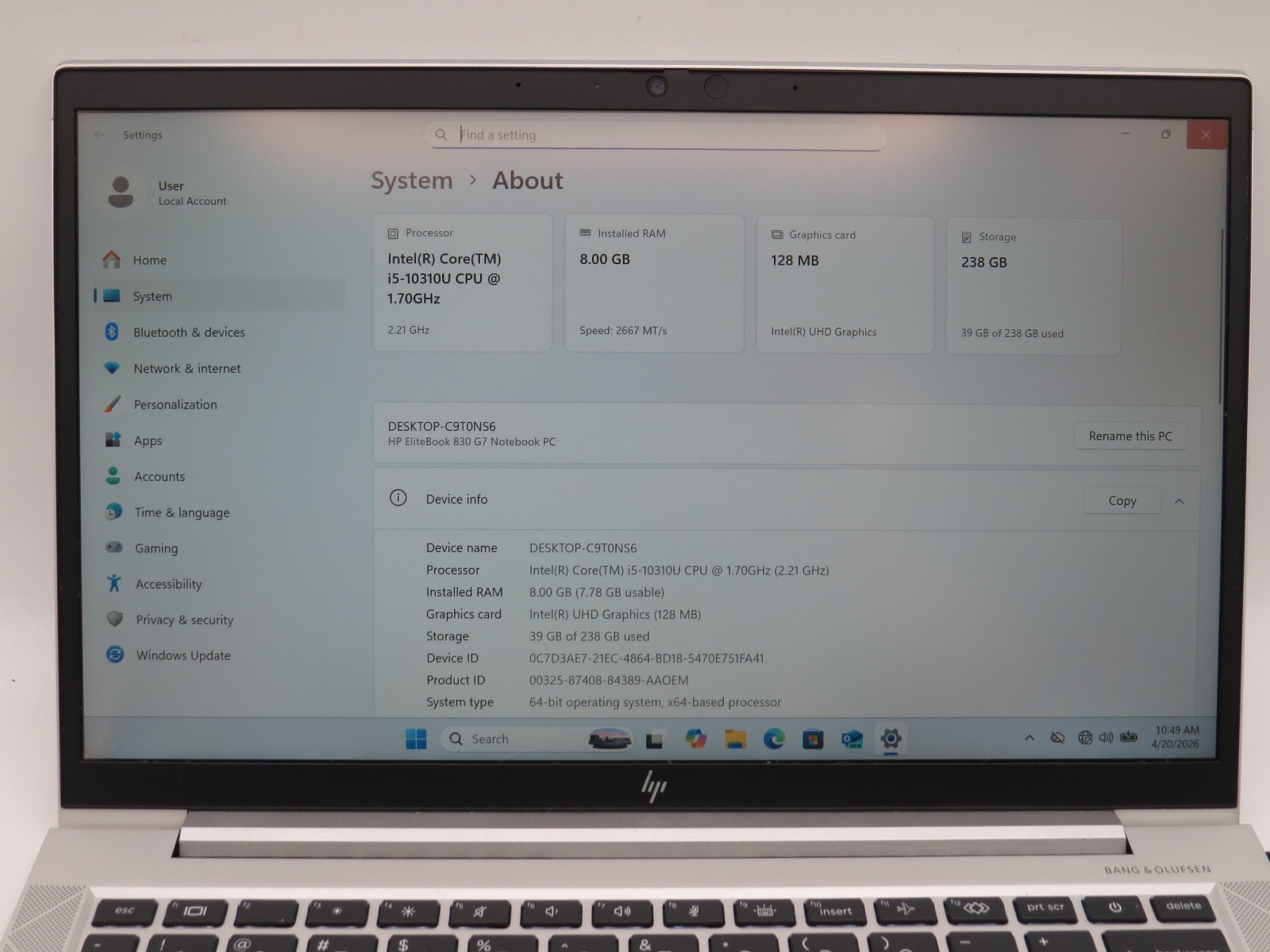 HP Elitebook 830 G7 | i5-10310U @ 1.7GHz | 8GB DDR4 | 256GB m2 | 13″ | Win 11