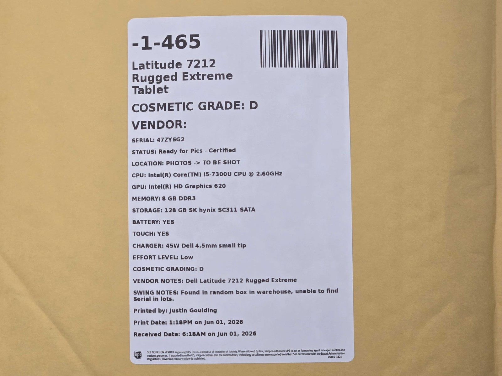 Dell Latitude 7212 Rugged Tablet i5-7300U 8GB 128GB Touch w/ Charger