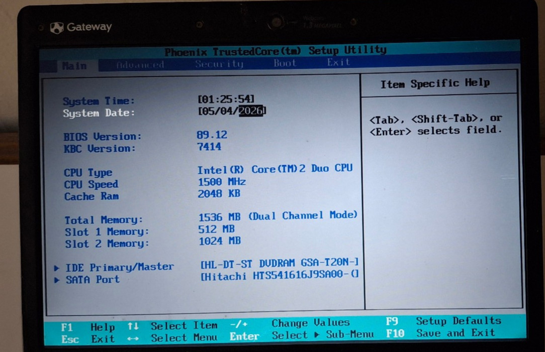 Gateway W305I 14″ Laptop Intel Core 2 Duo 1 GB Ram,Charger, No HD/OS