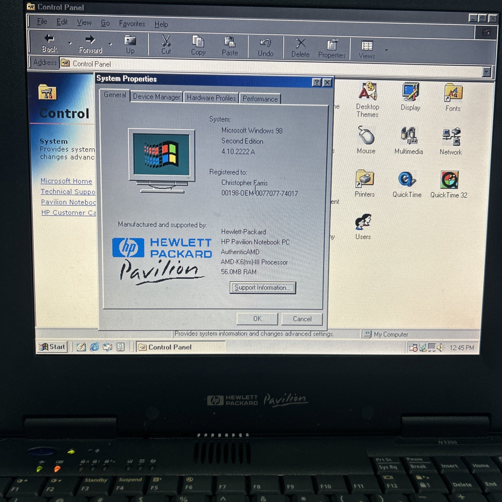 Vintage HP Pavilion N3350 Laptop Windows 98 Working Comes With Power Cord