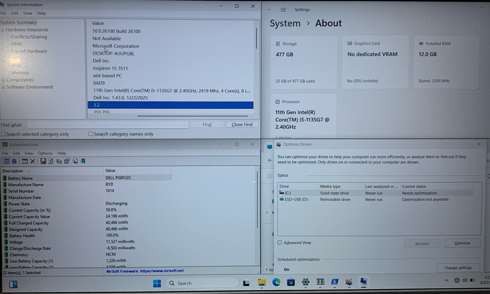 Dell Inspiron 15 3511 i5-1135G7@2.4GHz, 12GB RAM, 500GB SSD, W11P