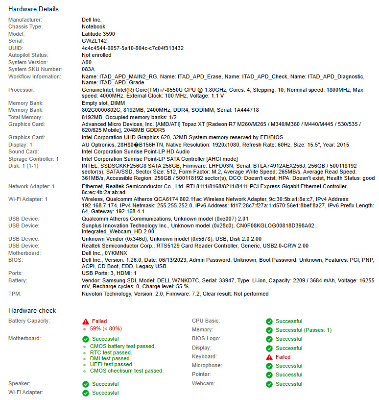 Dell Latitude 3590, i7-8550U CPU, @ 1.80GHz, 8GB RAM, 256GB SSD-No OS/Charger