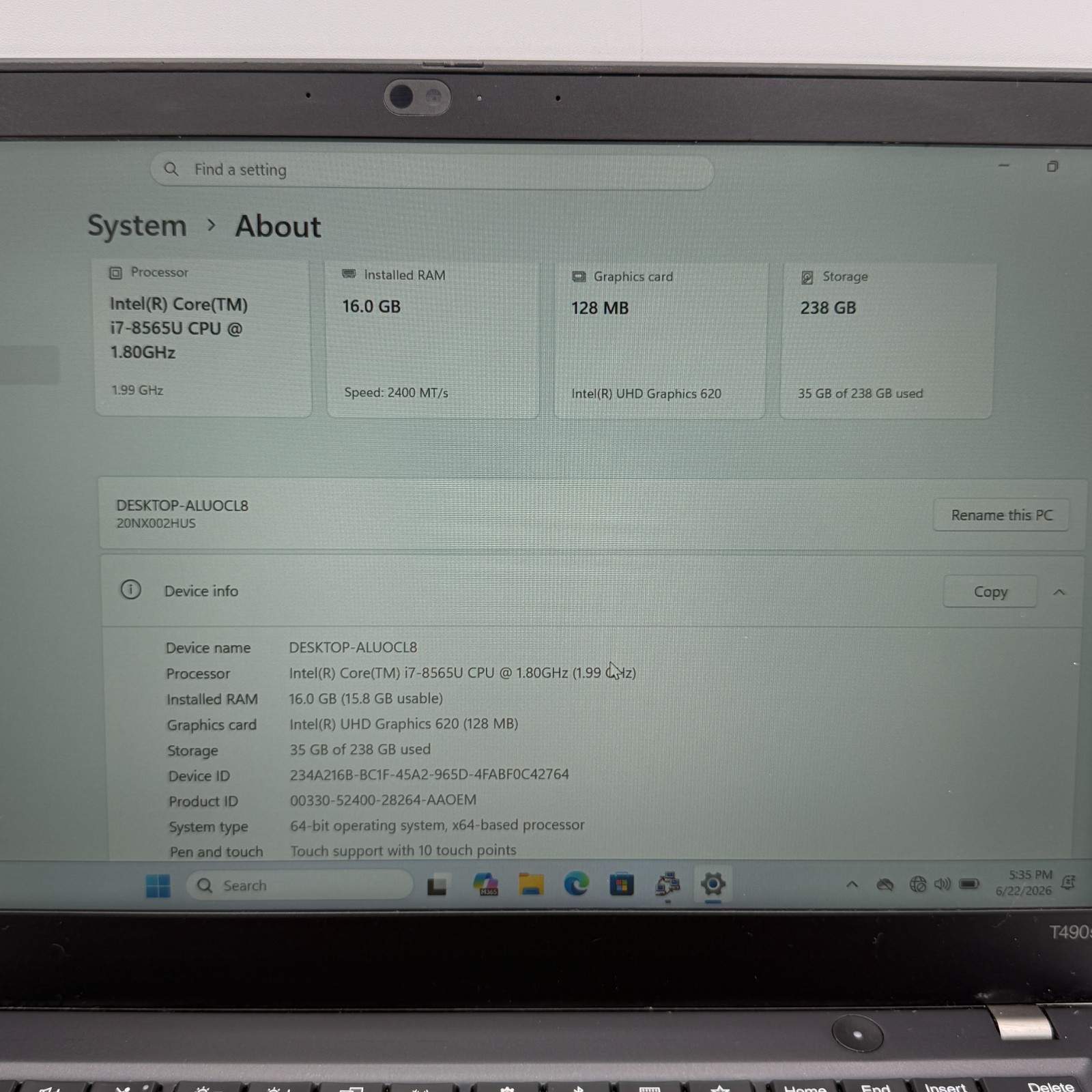 Lenovo ThinkPad T490s 14″ i7-8565U 16GB RAM 256GB SSD Win11 Pro Fingerprin Fair