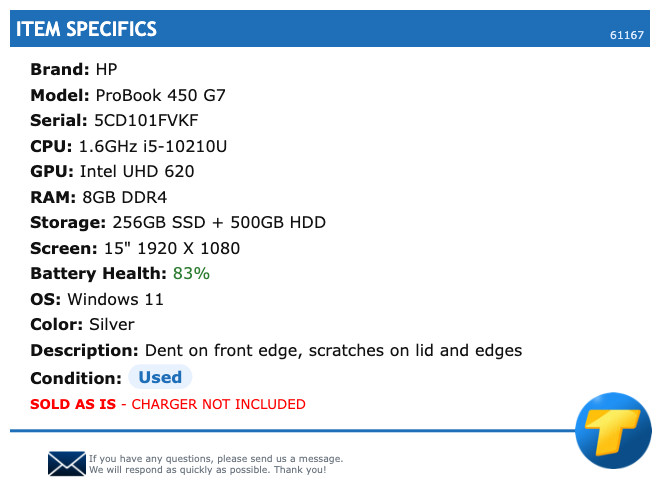 HP ProBook 450 G7 – 15″ FHD, 1.6GHz i5, 8GB RAM, 256GB SSD + 500GB HDD