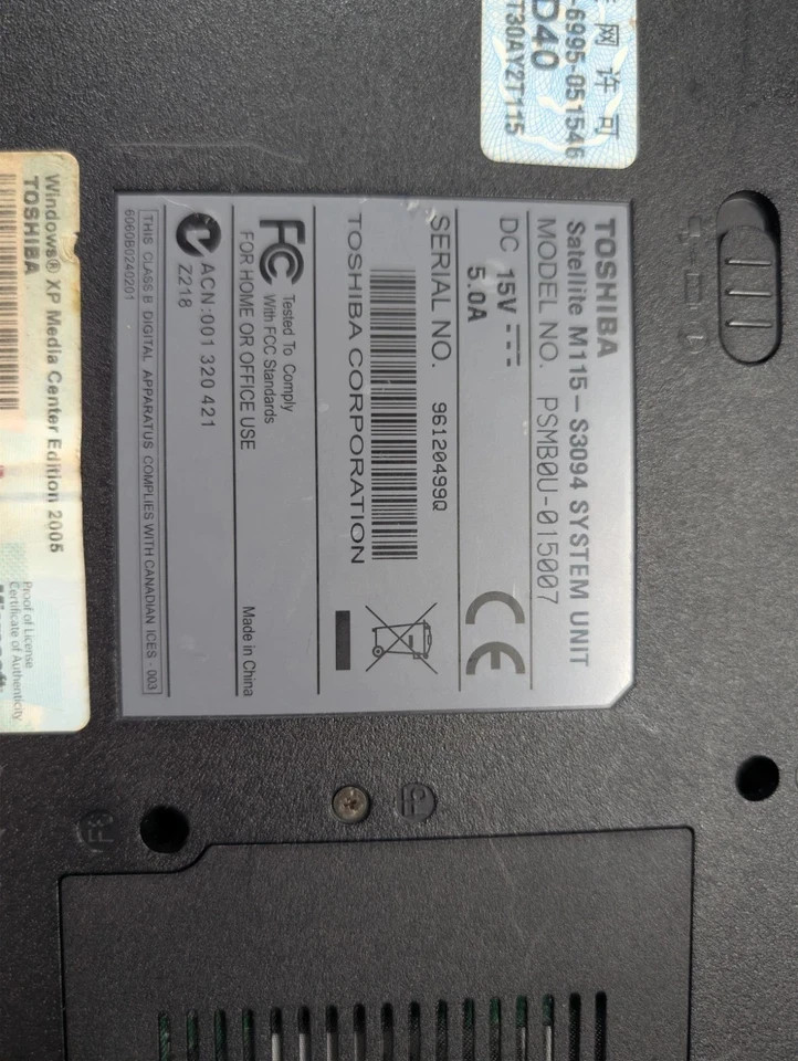 TOSHIBA SATELLITE M115-S3094 – 15.6″ Laptop, No Battery Or Power Supply