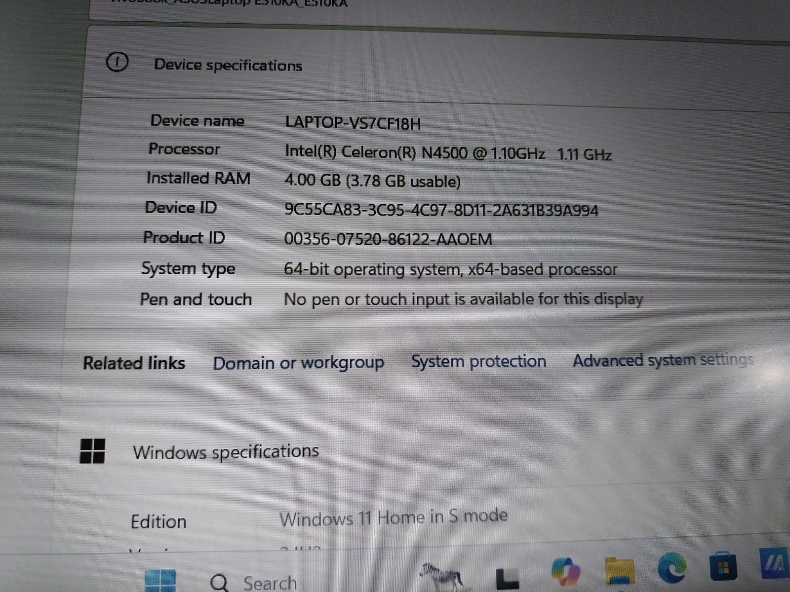 ASUS VIVOBOOK GO 15 E510K WINDOWS 11 HOME IN S MODE 128GB SSD 4GB RAM / 15.6″