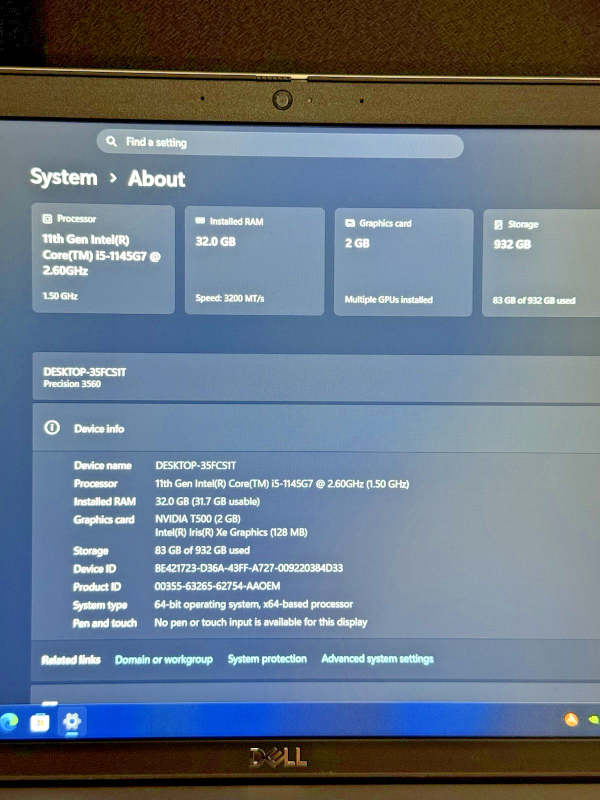 Dell Precision 3560 i5-1145G7 32GB Ram 1TB SSD – Good
