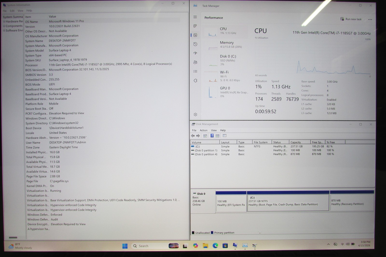 Microsoft Surface Laptop 4 1979 i7-1185G7 3.0GHz 16GB RAM 256GB 15″ Win 11 Pro