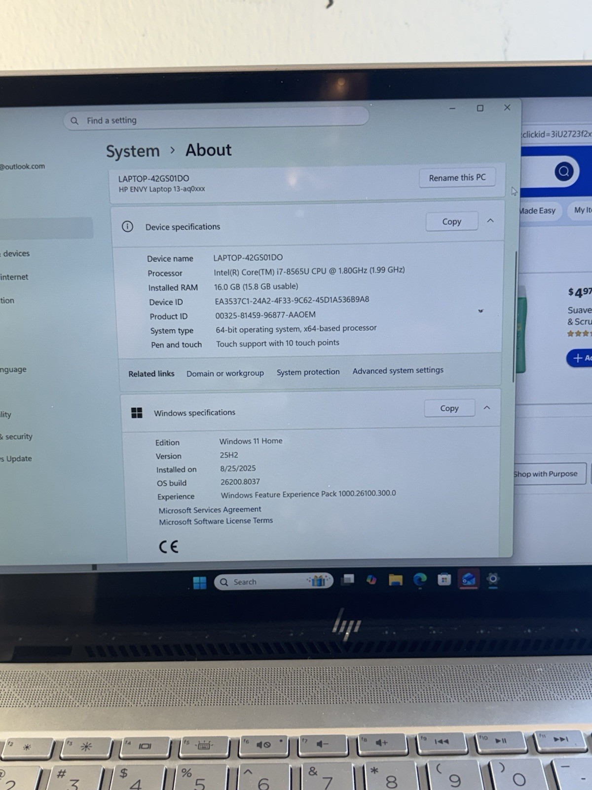 HP Envy 13 Core- i7-8565U CPU 1.80GHz -16GB Ram /1TB Window 11 Home Touchscreen