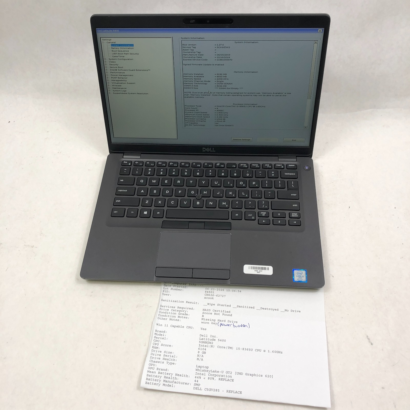 Lot of 8 Dell Latitude 5400 Laptop i5-8265U 1.6GHz 8GB NO SSD 14″ No OS Read