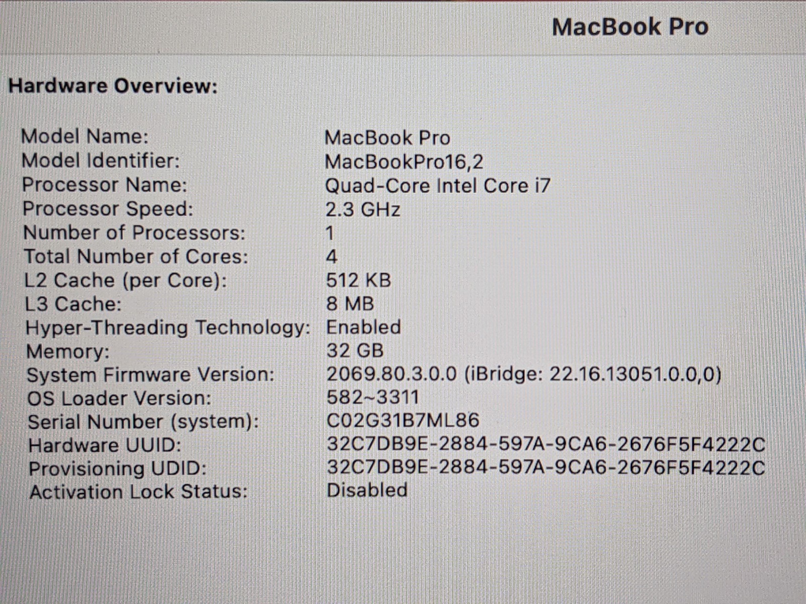 Apple MacBook Pro 13″ (2020) A2251 / BTO Core i7-1068NG7 2.3GHz 32GB 1TB SSD +PA