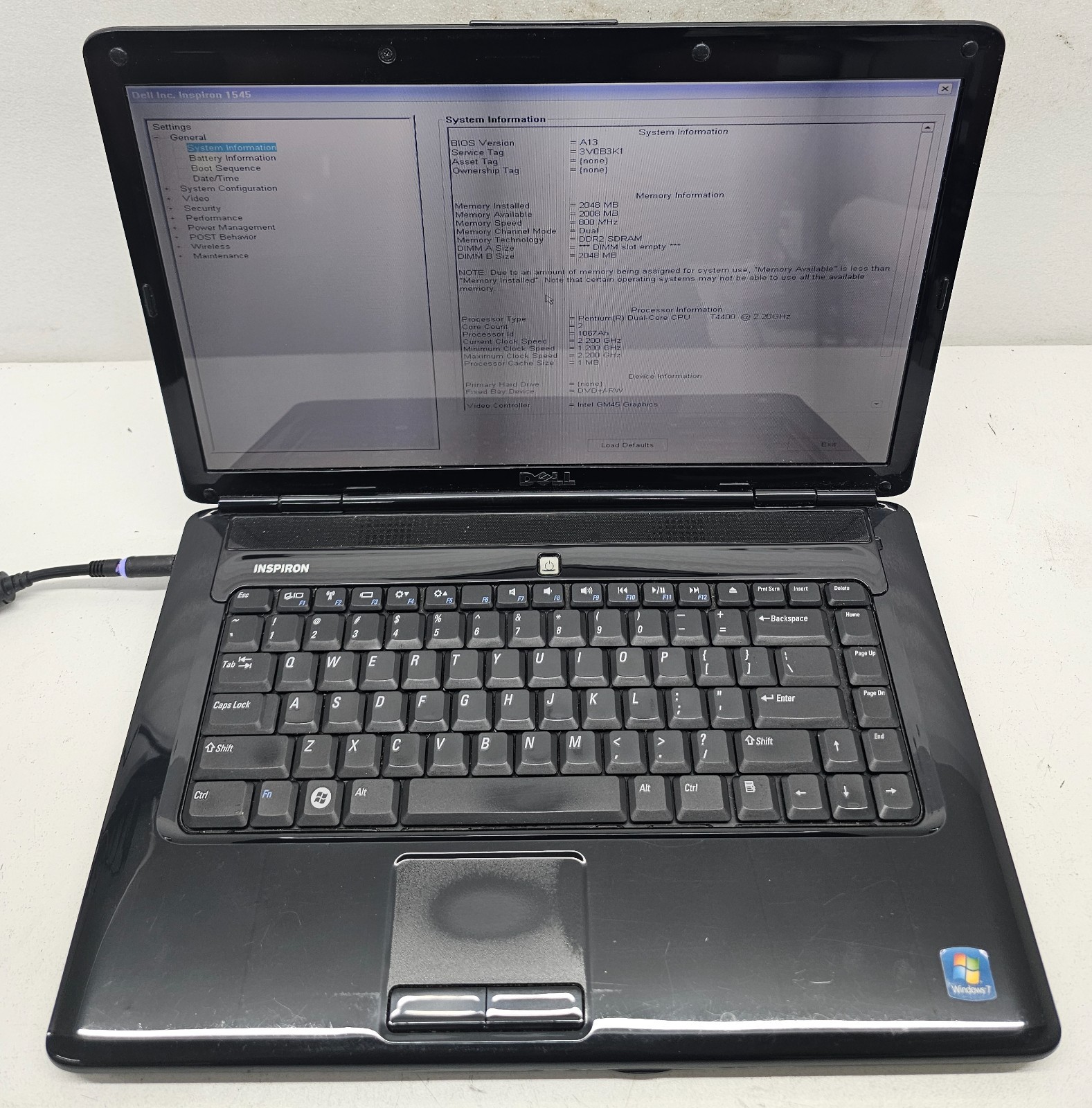 Dell Inspiron 1545 Laptop Intel Pentium Dual-Core T4400 2GB RAM NO HD/OS (FL)