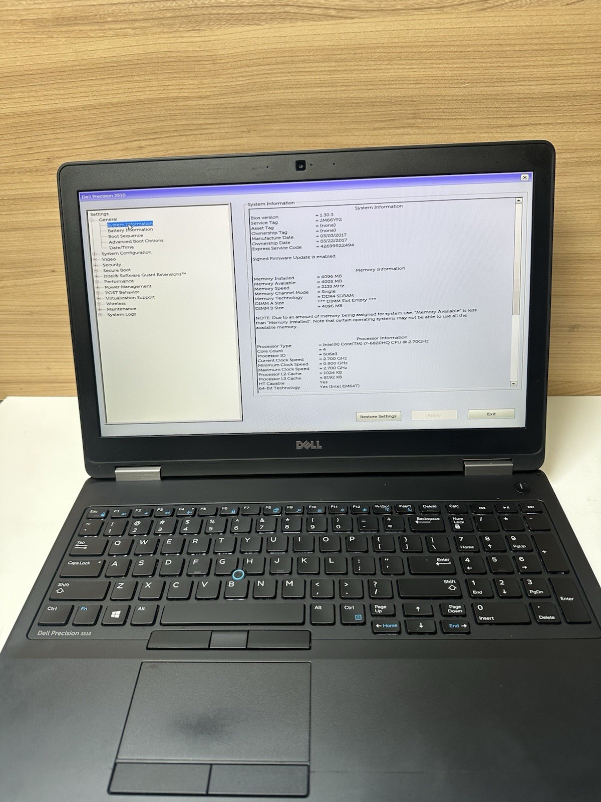 Dell Precision 3510 15″ Core i7-6820HQ 2.7GHz 4GB RAM No SSD No Power Supply