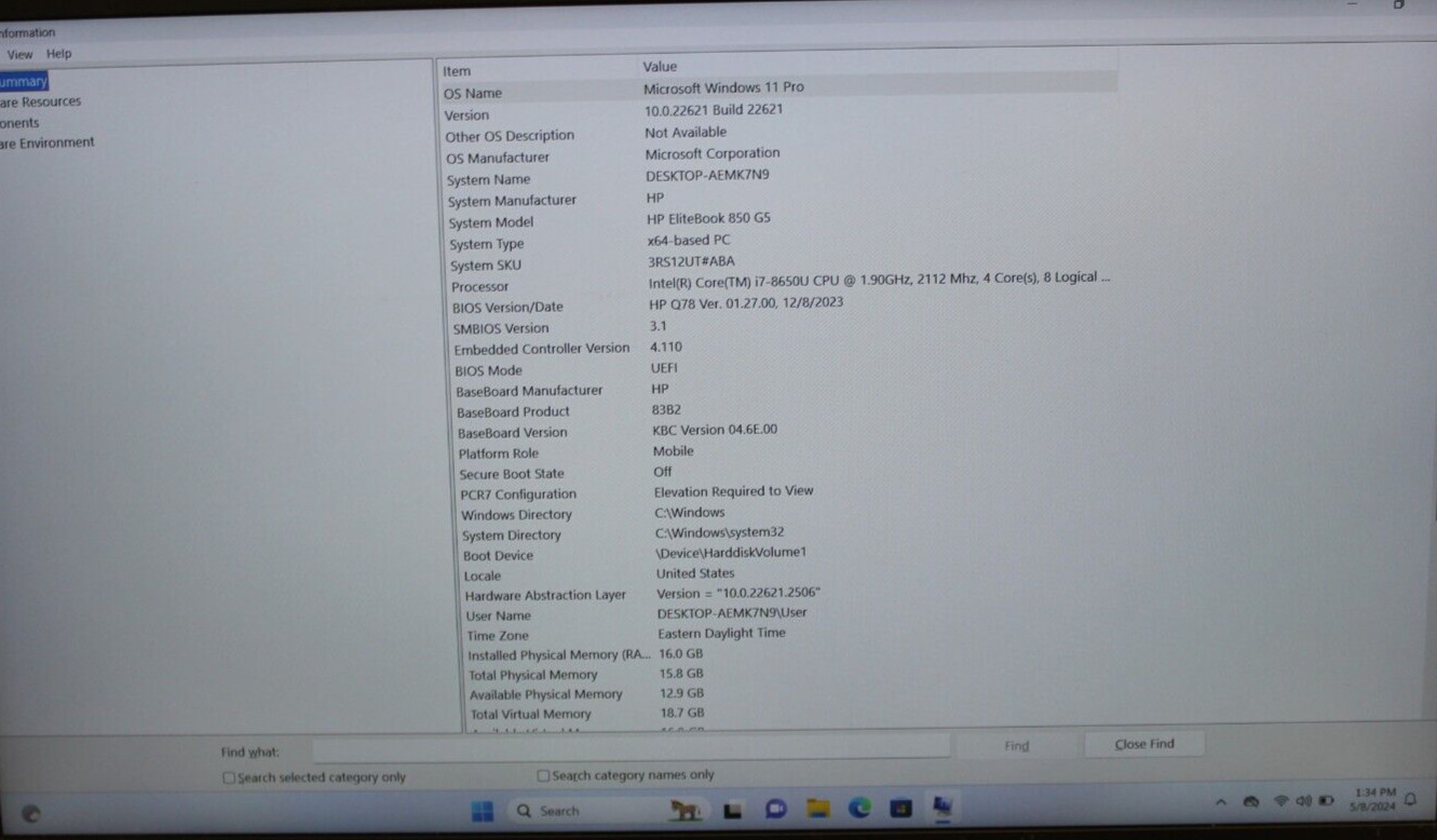 HP Elitebook 850 G5 I7-8650u 512SSD NVMe 16GB DDR4 WIN 11Pro **See Description