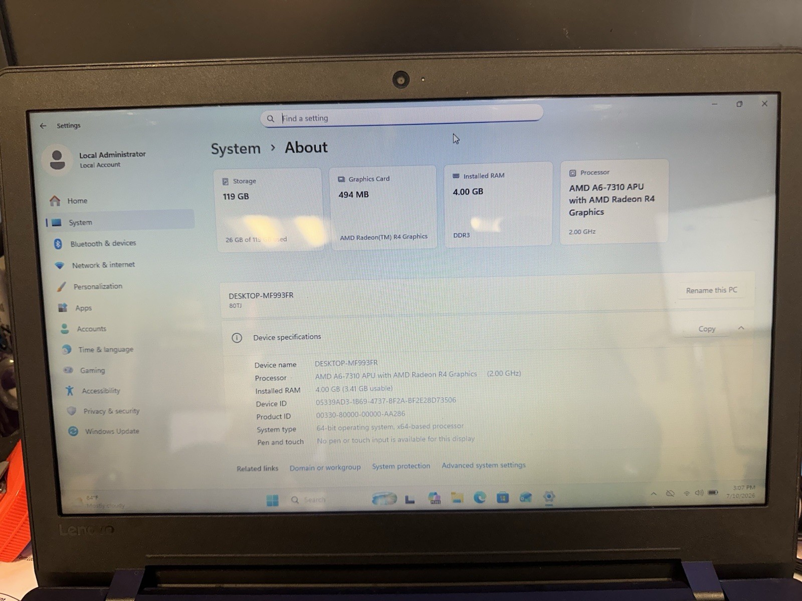 Lenovo IdeaPad 110-15ACL 15.6″ Laptop AMD A6 4GB RAM 128GB SSD Windows 11 Pro