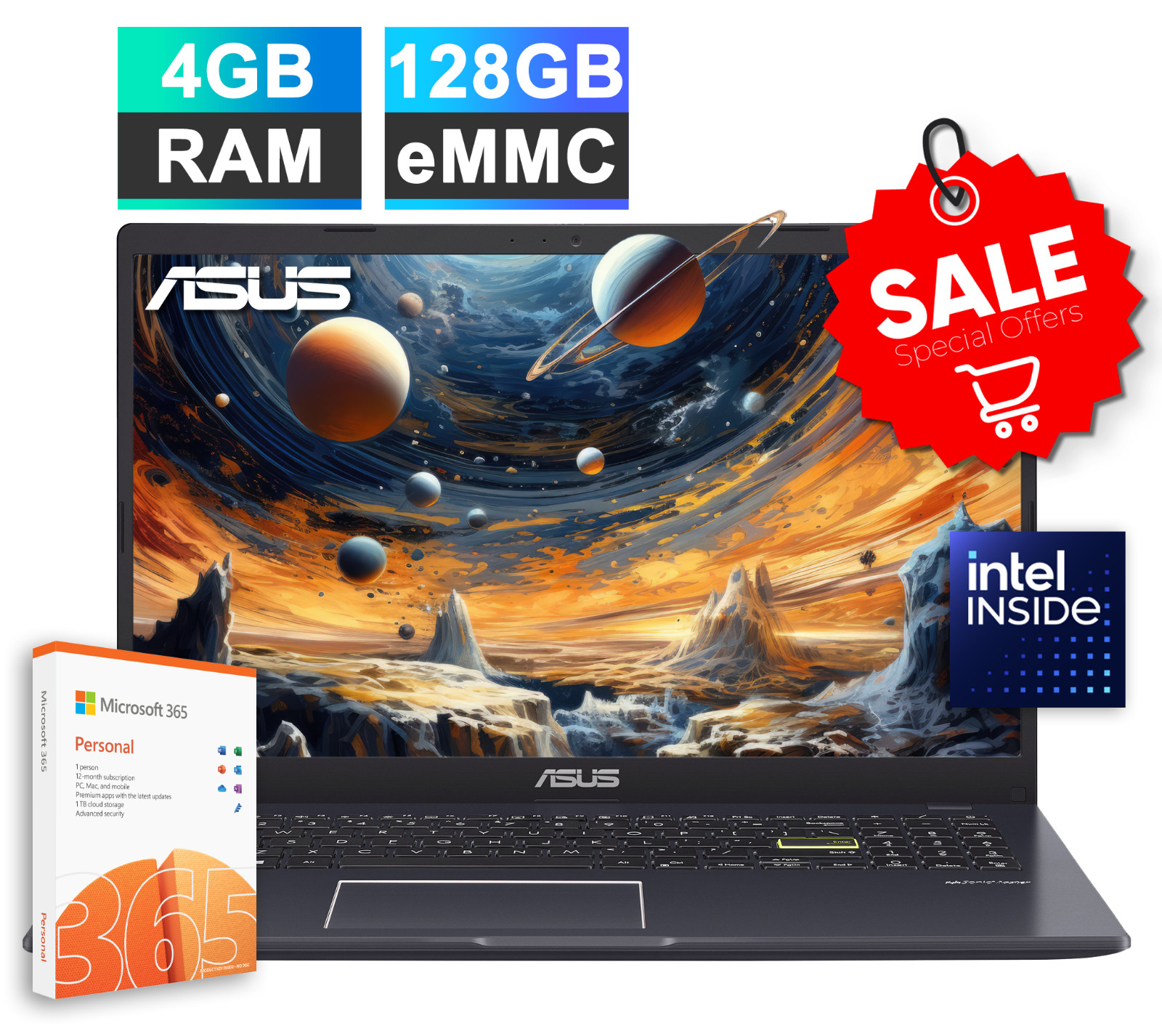 ASUS 15.6″ FHD Laptop Intel Silver N5030 4GB RAM&128GB Storage 1-Y Microsoft 365