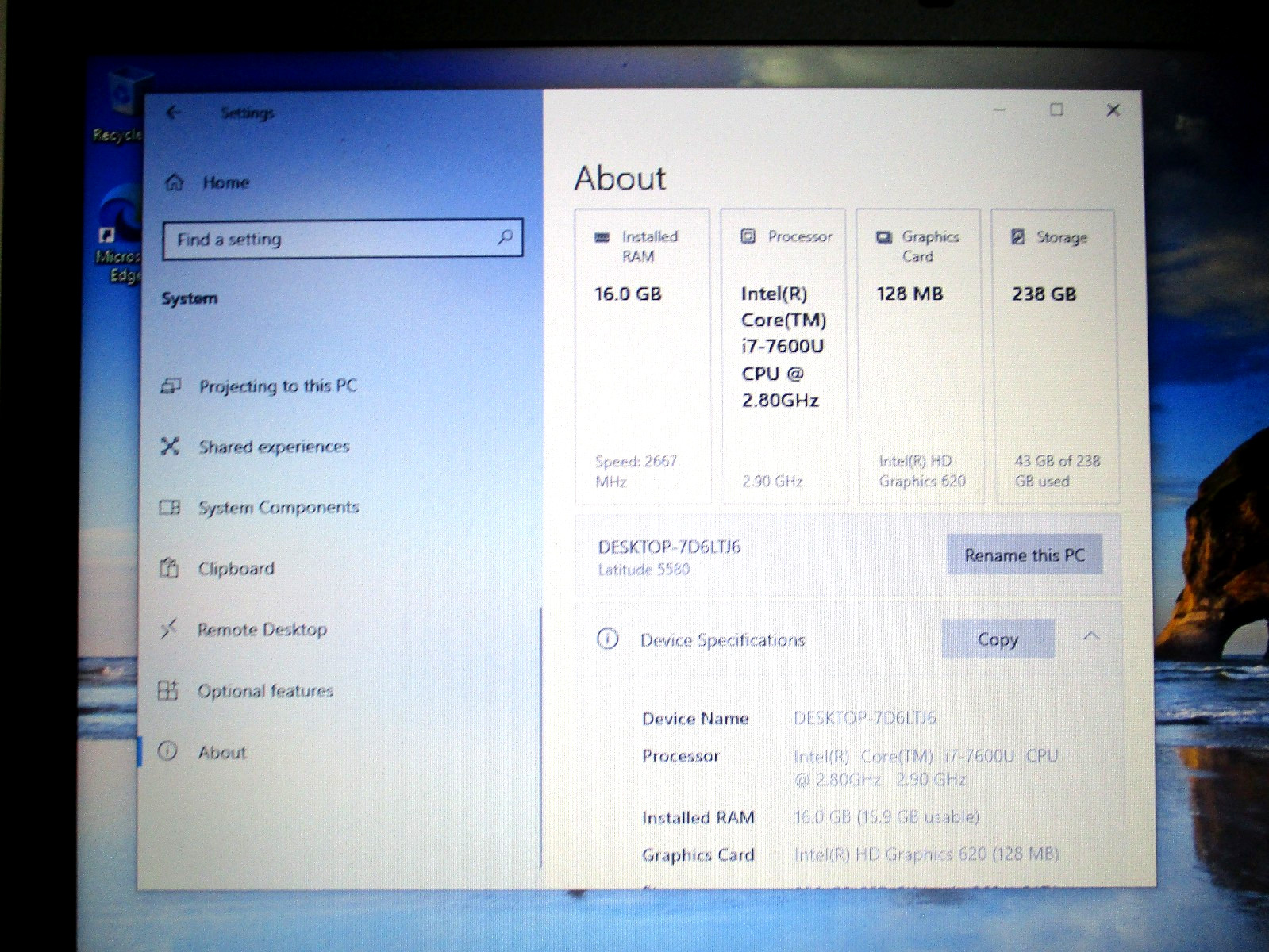 Dell Latitude 5580 i7-7600U 2.8GHz 16GB RAM 256GB SSD W10 Pro + AC Charger