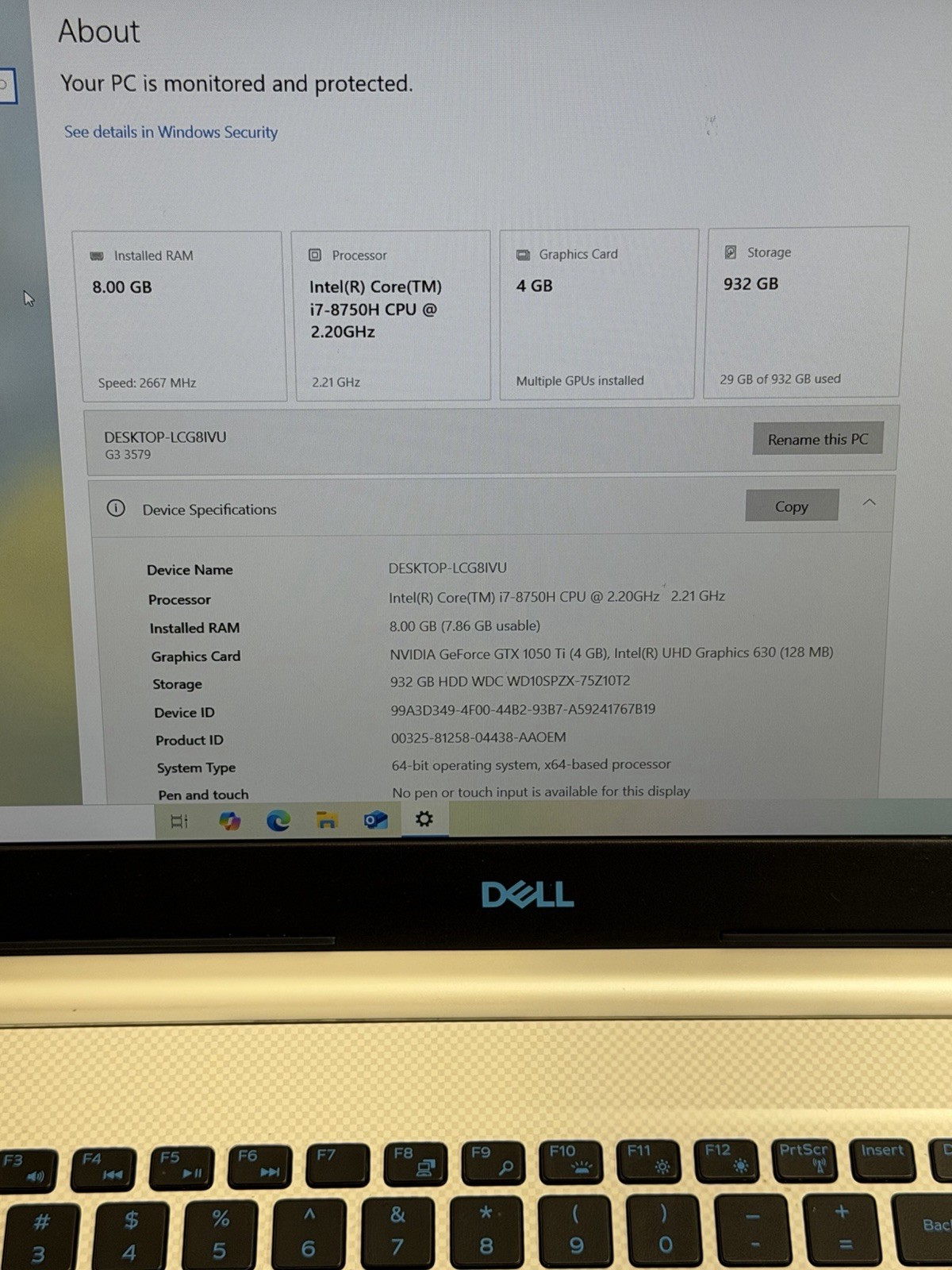 Dell G3 3579 Gaming Laptop Core i7 8750H GeForce GTX 1050 8GB RAM 1TB HDD
