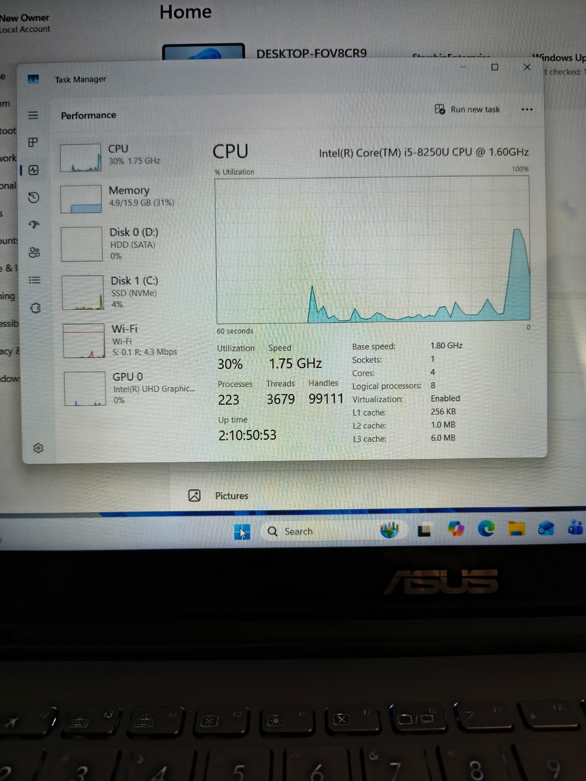 ASUS 15.6″ Q505U TS BKLT Laptop Core i5-8250 16GB 250GB NVMe SSD+1TB HD Wn11Hm