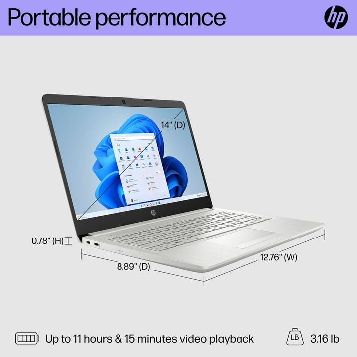 HP Stream 14″ Laptop, Intel Celeron N4120 4GB RAM 64GB eMMC Win 11 Silver