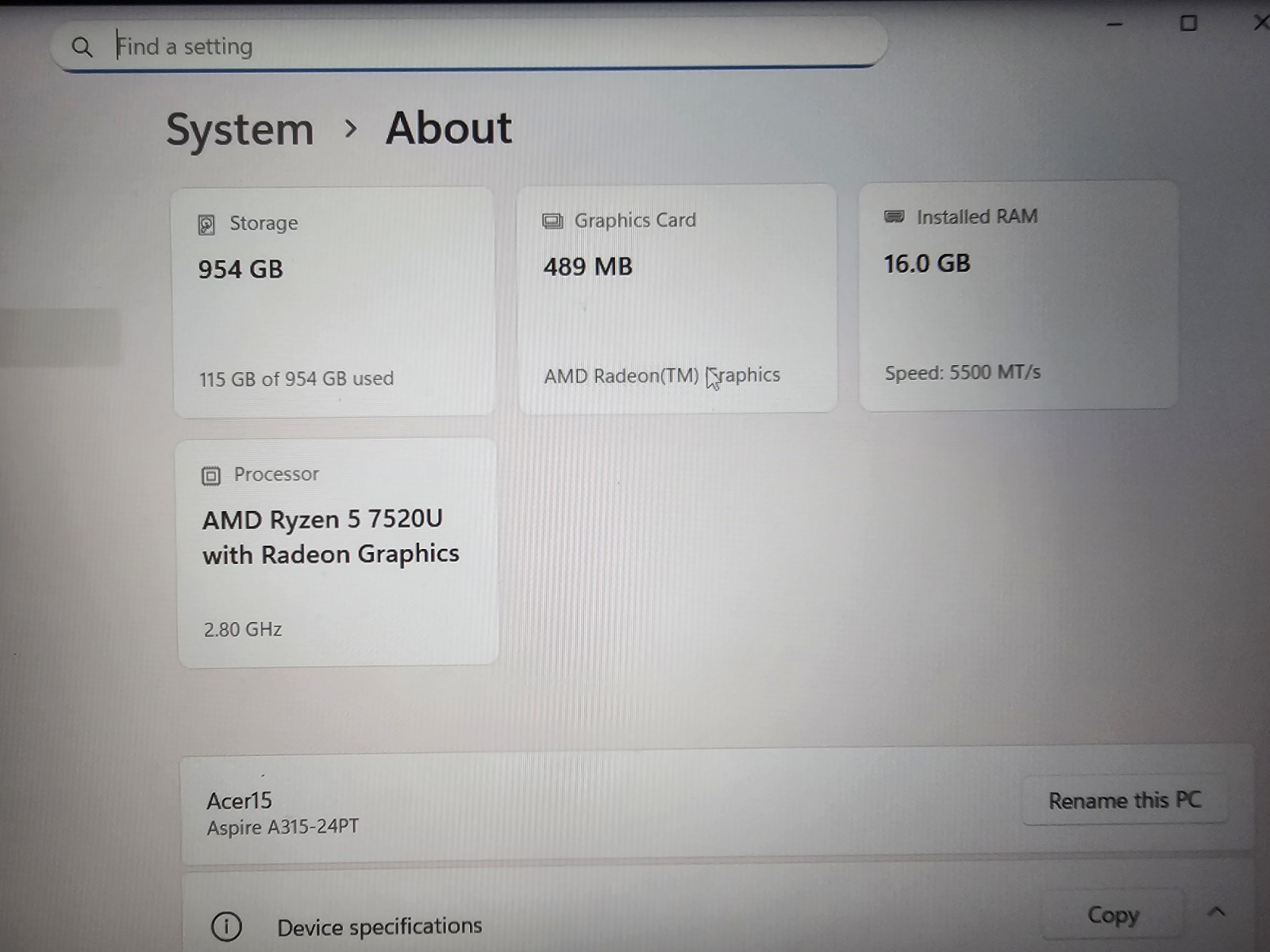 Acer Aspire A315-24PT 15″ FHD Touch RYZEN 5 7520U 1TB SSD 16GB + OEM Charger