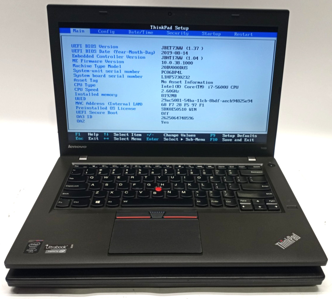 Lot of 2 Lenovo ThinkPad T450 i7-5600u VPro@2.60GHz 8GB RAM No HDD/OS MC692*!