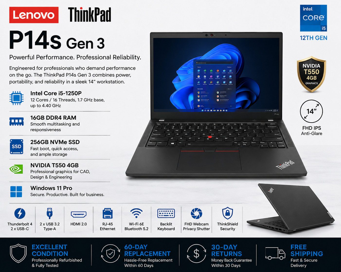 Lenovo ThinkPad P14s Gen 3 14″ FHD i5-1240P 16GB 256GB SSD NVIDIA T550 Win11 Pro