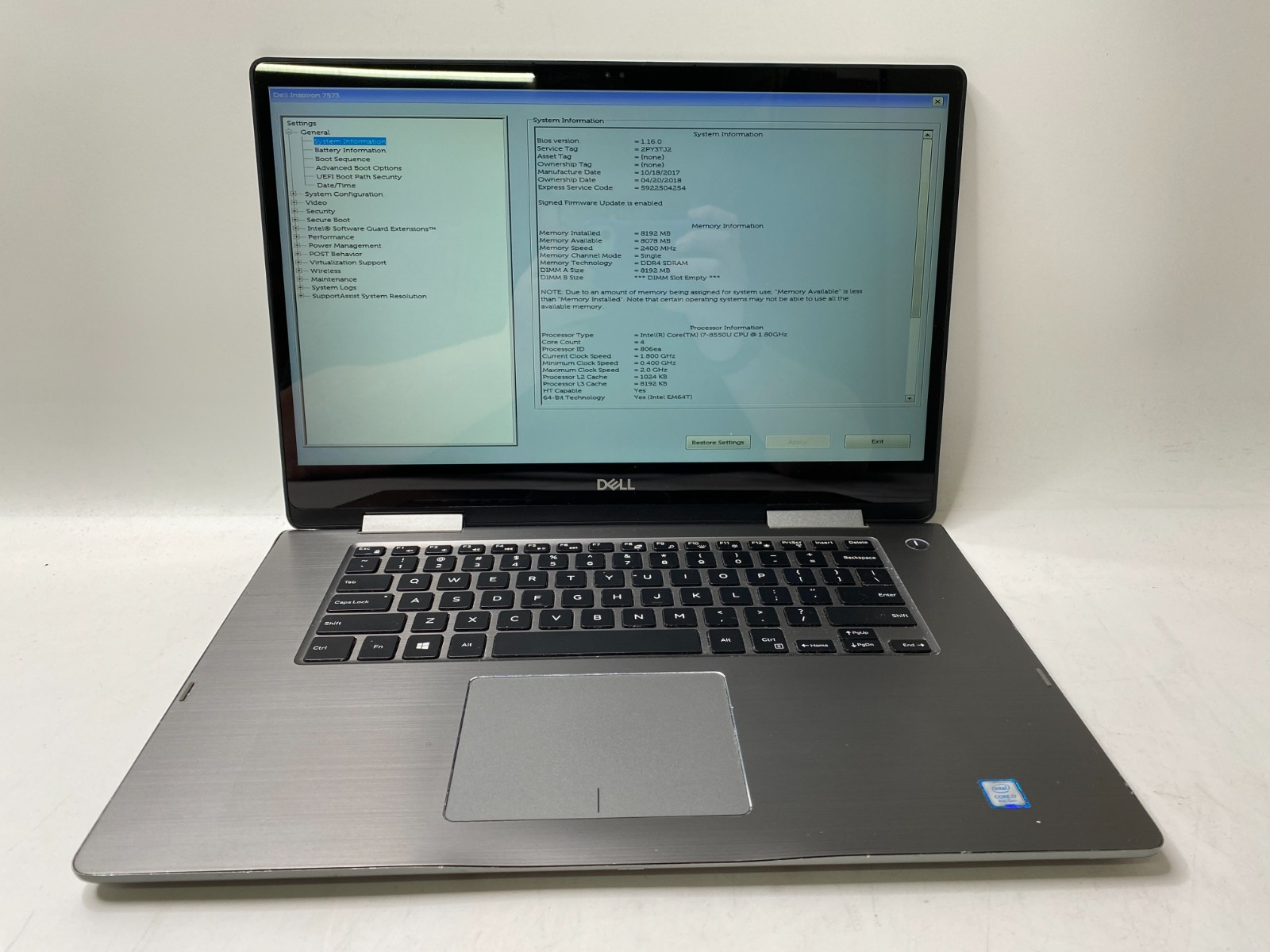 Dell Inspiron 7573 2-in-1 Touch i7-8550U 8GB DDR4 No SSD/OS Missing USB -PARTS