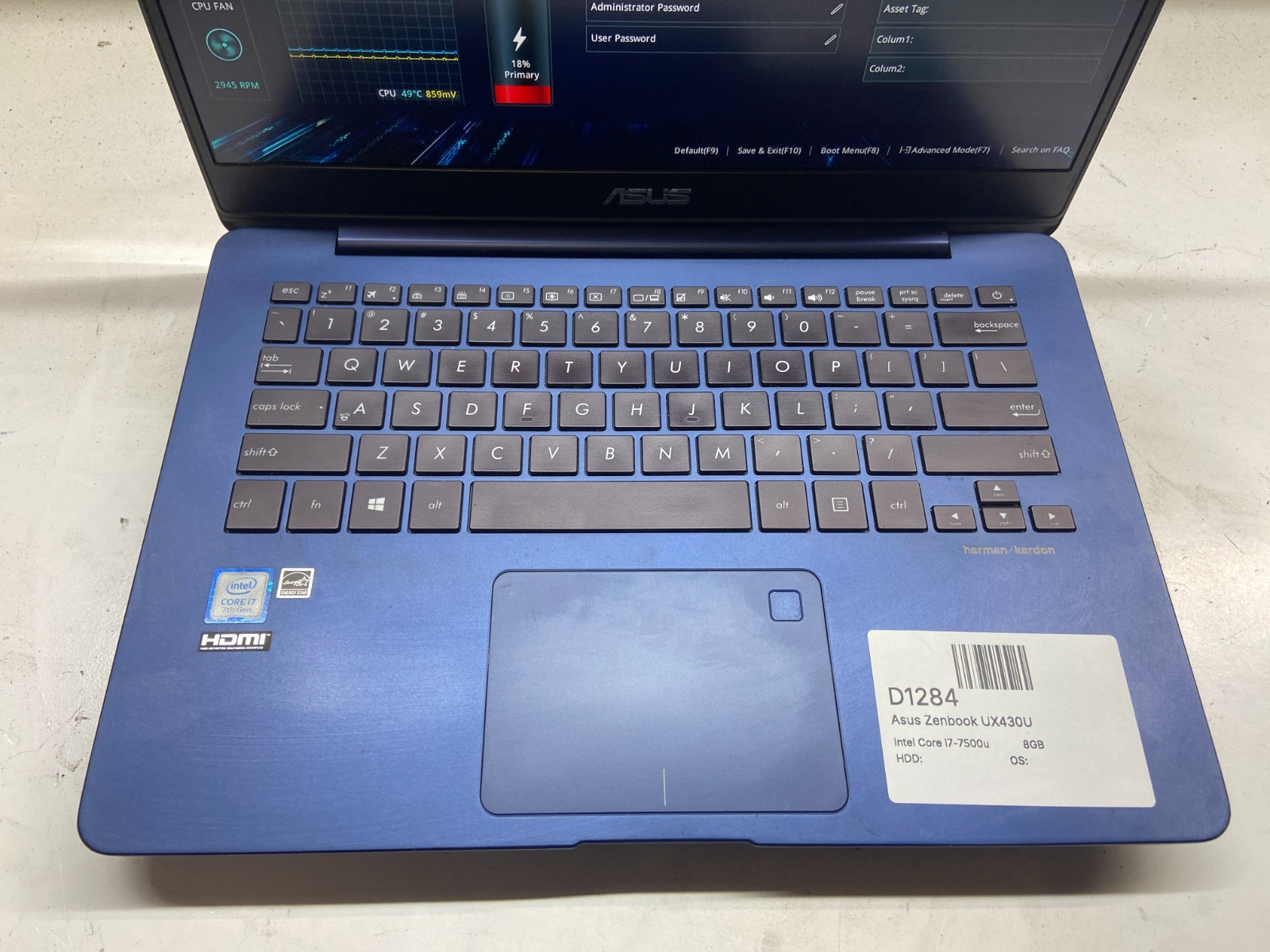 Asus Zenbook UX430U Intel Core i7-7500u 2.7GHz 8GB NO HDD
