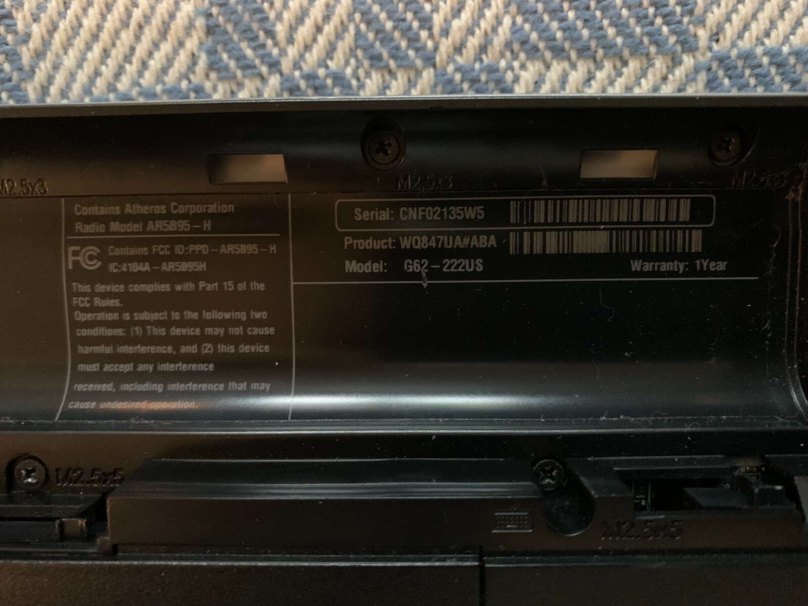 HP G62-222US NO RAM, HDD, CHARGER, or BATTERY GOOD SCREEN, BAD MOTHERBD.