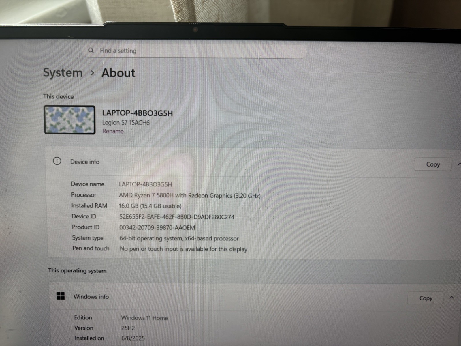 Lenovo Legion S7 15ACH6 15.6″ FHD RYZEN 7 5800H RTX 3060 16GB RAM 500GB SSD
