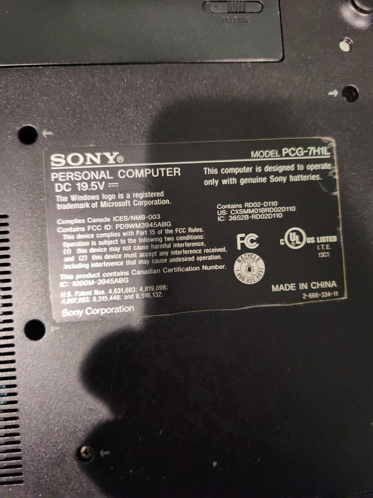 Sony Vaio VGN-FE550G / PCG-7H1L Laptop and charger