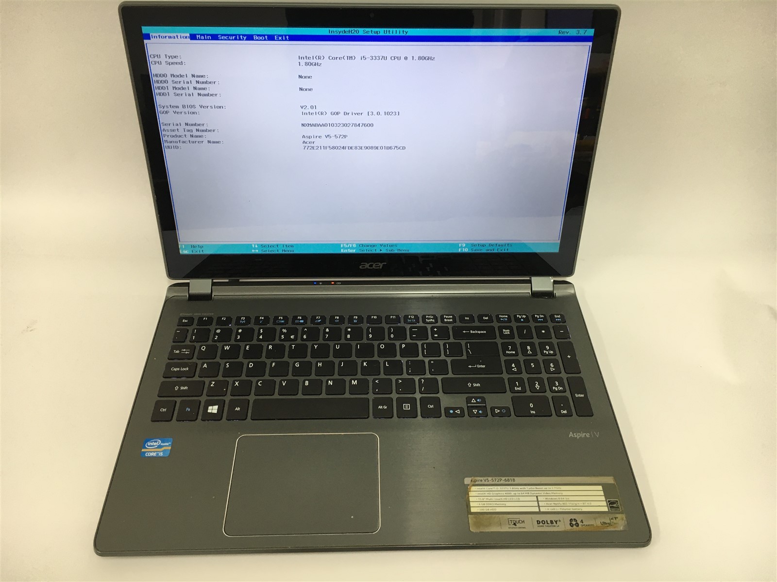 Acer Aspire V5-572P 6818 i5-3337U 1.8GHz 6GB RAM No HDD No OS Touchscreen 15.6″