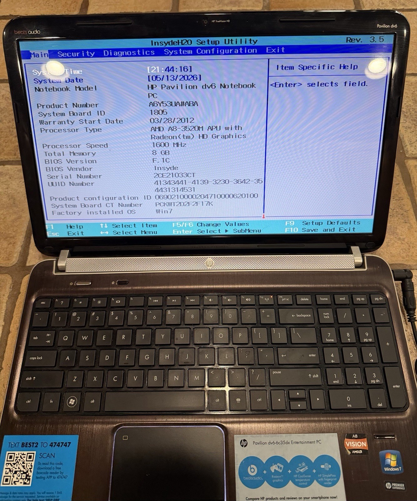 HP Pavilion DV6-6C35DX AMD A8-3520 1.6GHz 8 GB Ram – BOOTS TO BIOS
