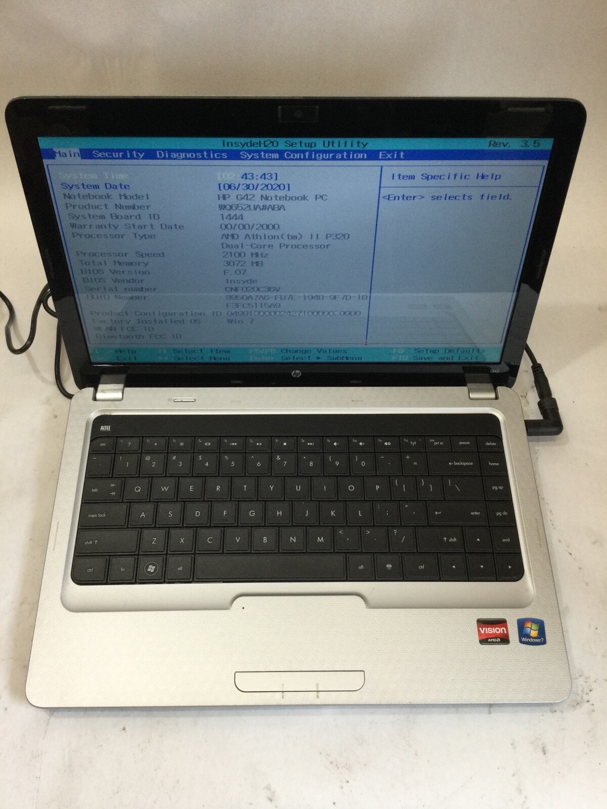 HP NOTEBOOK G42 – BOOTS TO BIOS – NO OS – 3GB ARM – READ DESCRIPTION – BB