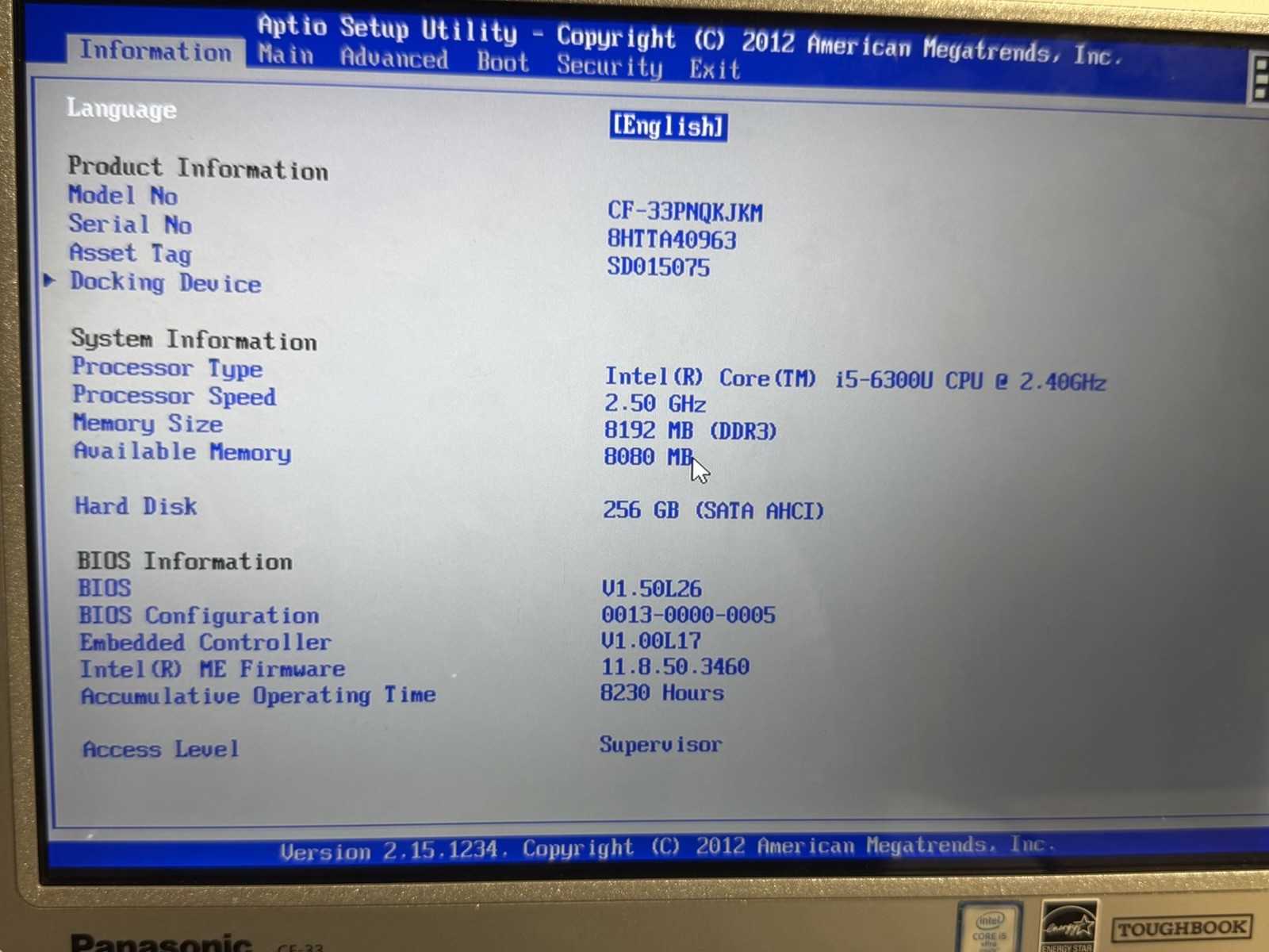Panasonic ToughBook CF-33 i5-6300U 8GB Ram 256 SSD Win11 Pro. Touchscreen