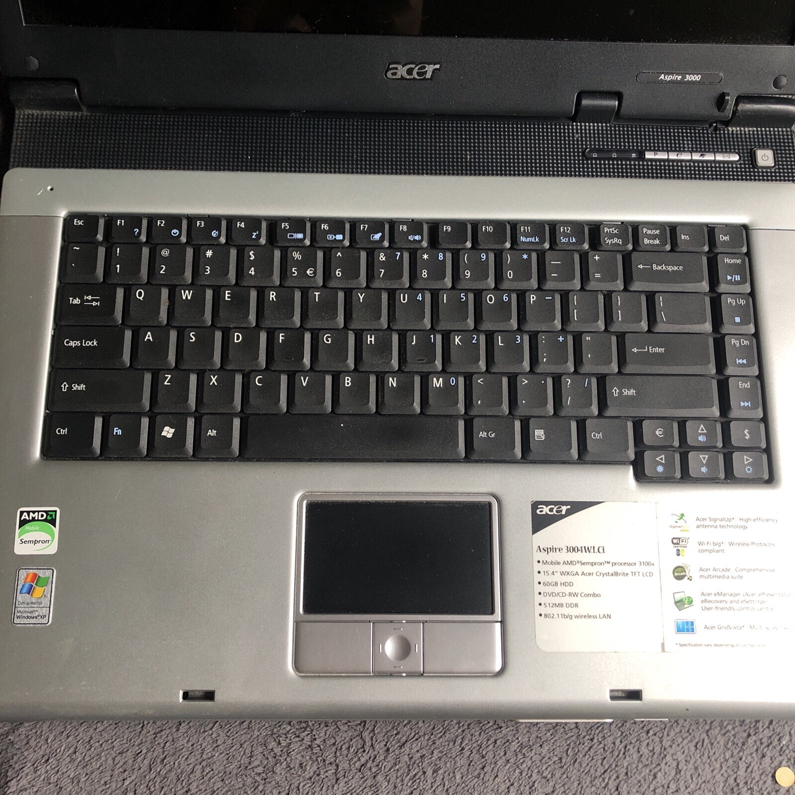 Acer Aspire 3000 3004WLCi Laptop AMD Sempron 512MB RAM+60GB HDD – NEEDS WORK