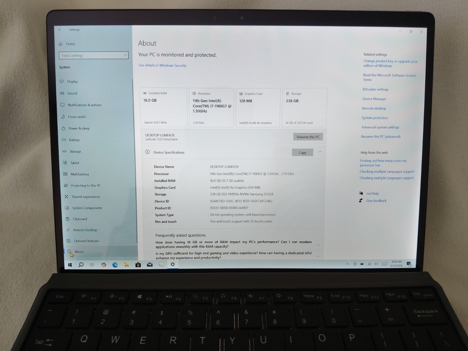 Dell Latitude 7320 detachable, i7-1180g7 4.6Ghz Max. 16gb/256gb Great Condition