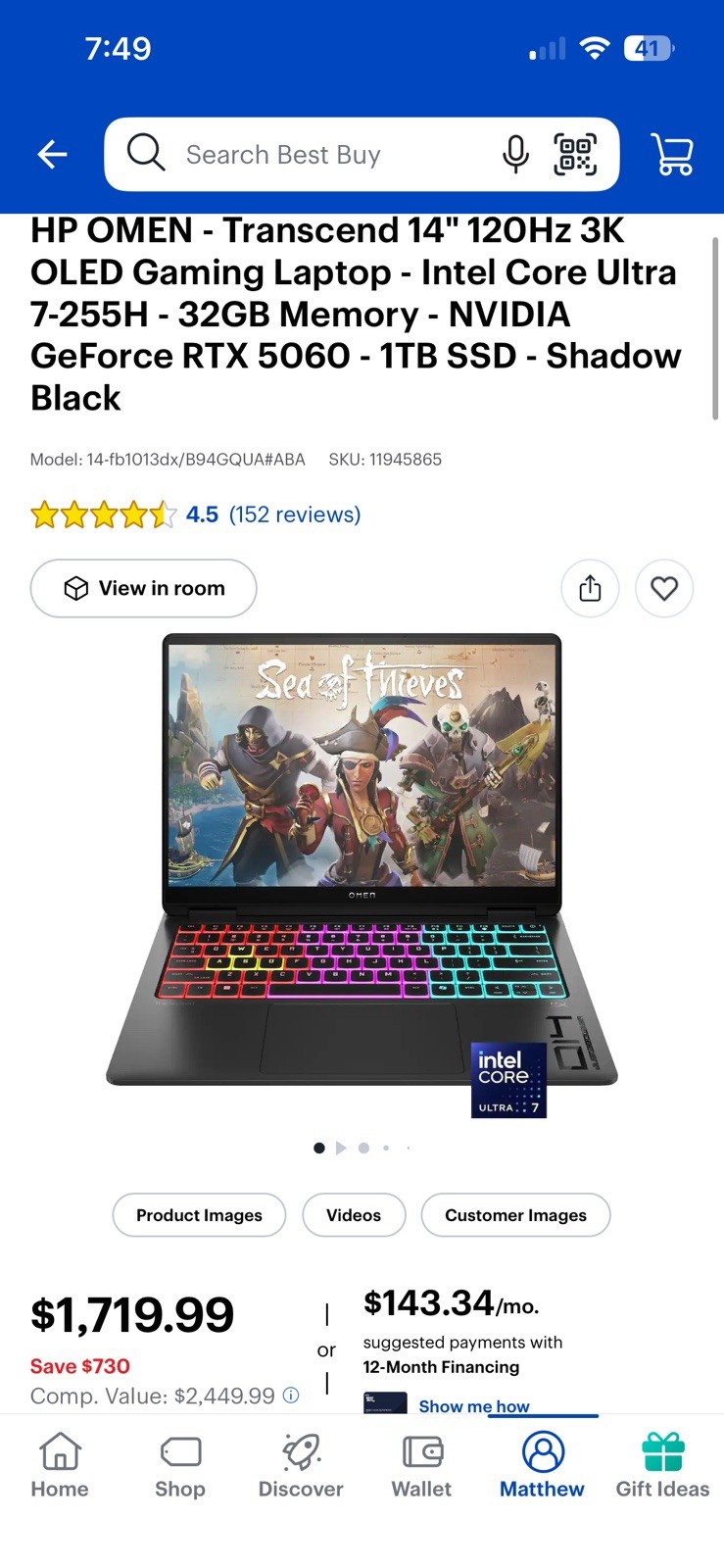 HP OMEN Transcend 14″ 2880 x 1800 ULTRA 7 255H 1TB SSD 32GB W11 RTX 5060 120Hz