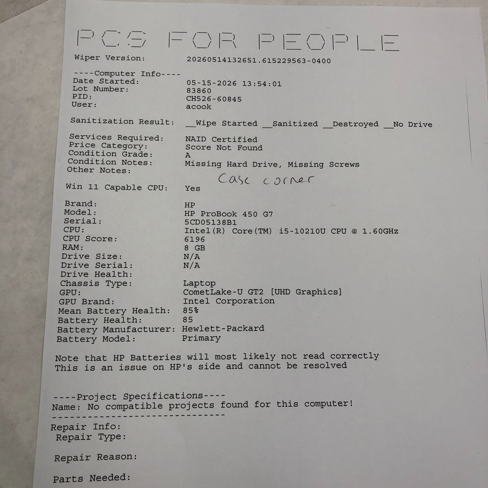 HP ProBook 450 G7 15.6 Core i5-10210U @ 1.60GHz 8GB RAM No SSD *Read*