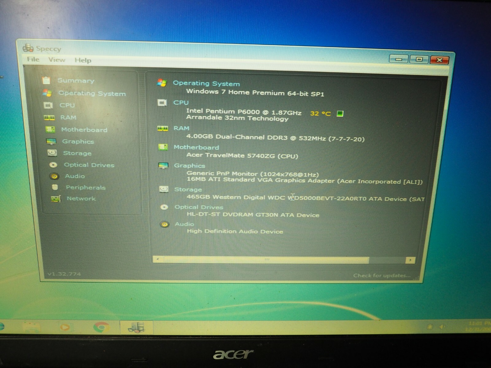 Acer Travelmate 5740 15.6″ Intel Pentium P6000@1.87GHz 4GB RAM 500GB HDD read