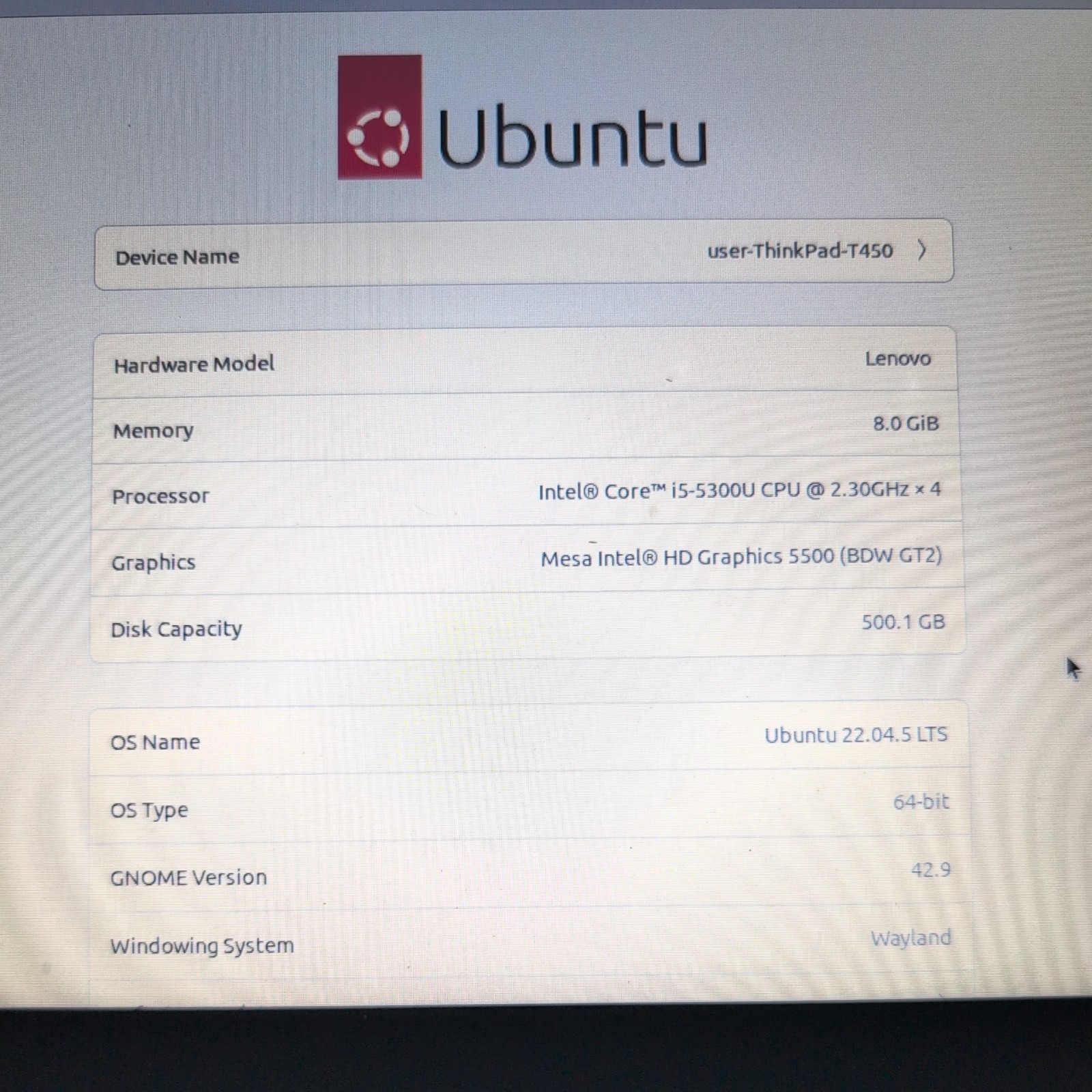 Lenovo ThinkPad T450 Core i5-5300U @ 2.30GHz 8GB RAM 500GB HDD Ubuntu