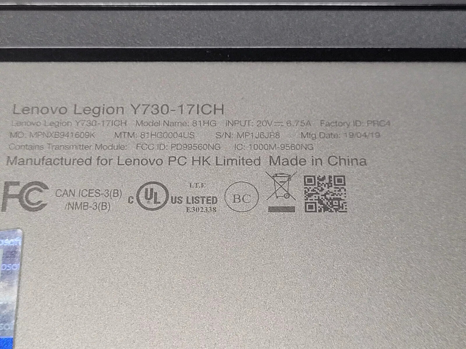 Lenovo Legion Y730-17ICH Laptop i7-8750H 2.20 GHz 16GB 128GB SSD GTX 1050Ti W10H
