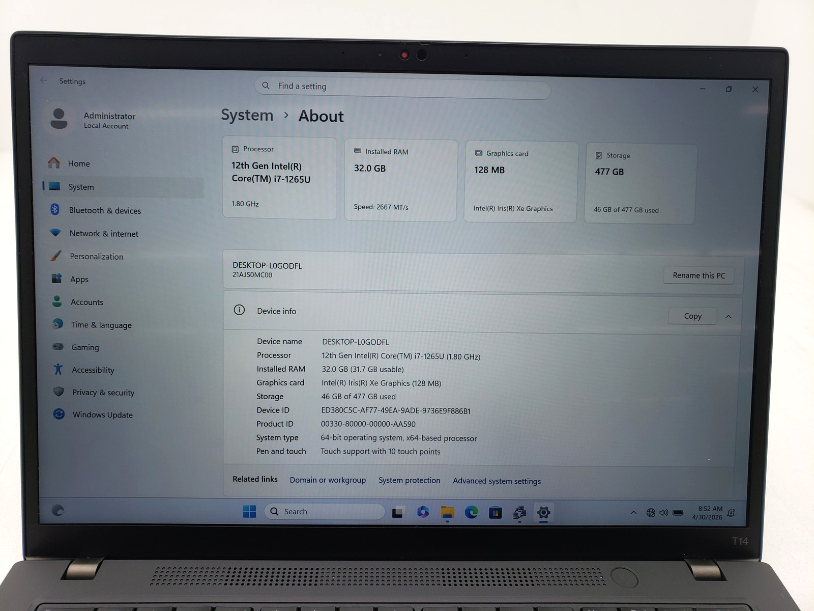 Lenovo T14 Gen 3 i7-1265U 32GB Ram Touchscreen 512GB SSD Backlit KB Win 11 Pro
