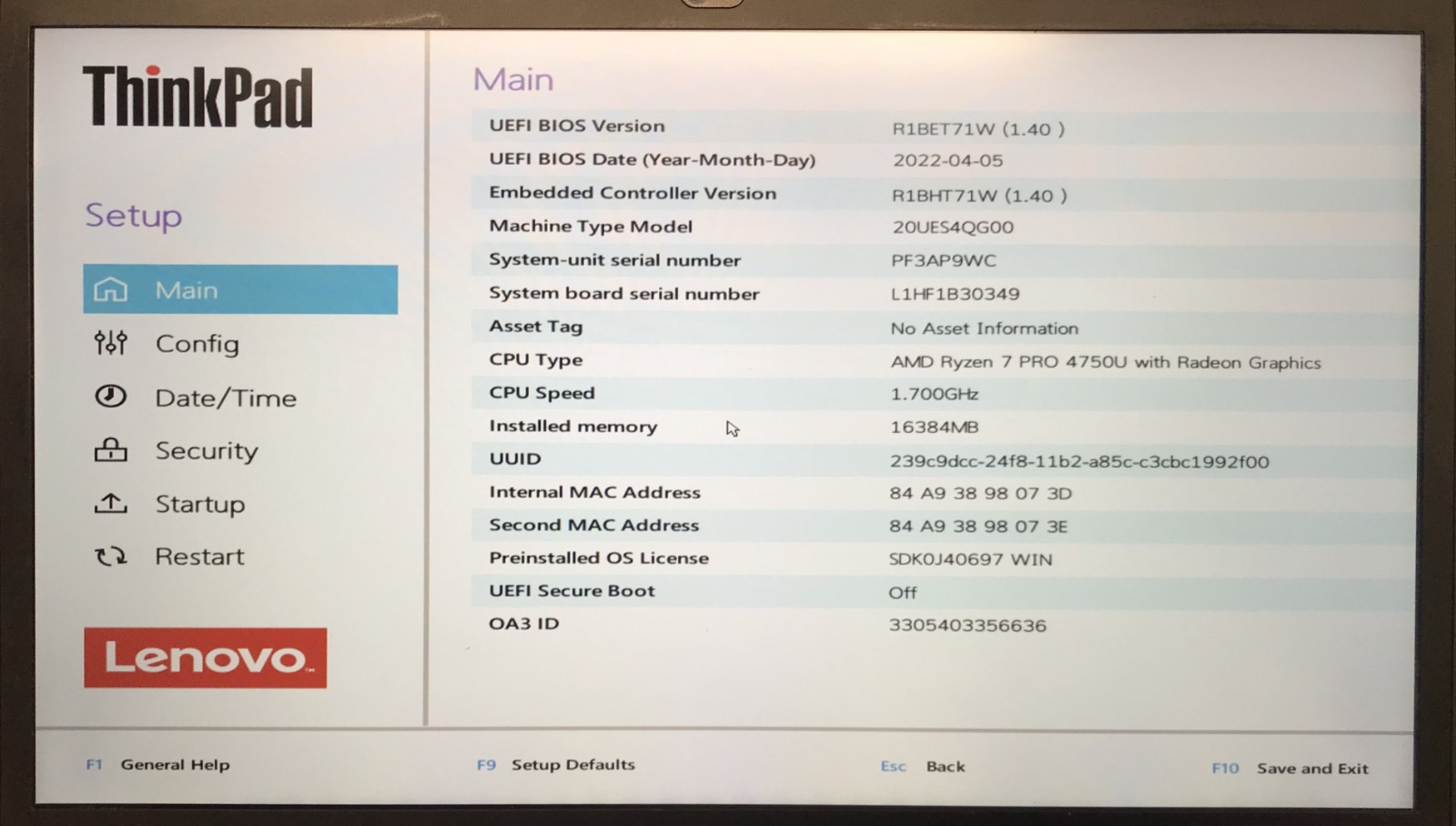 Lenovo ThinkPad T14 Gen 1 14″ Ryzen 7 PRO 4750U 16GB RAM No Storage Boot to BIOS