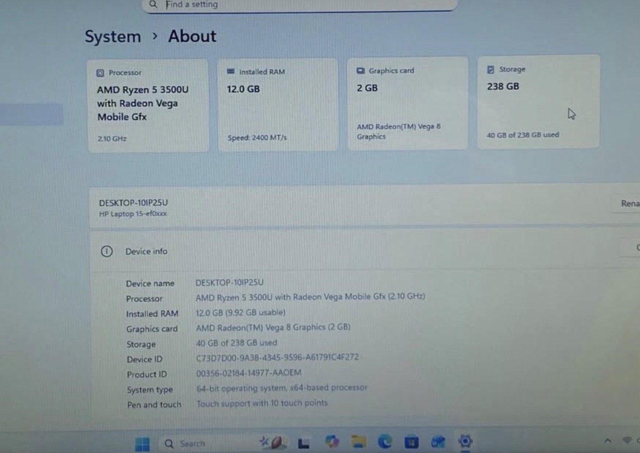 HP 15-ef0023dx TOUCHSCREEN RYZEN 5 3500U 12GB RAM 256GB SSD WIN 11 BATTERY 100%