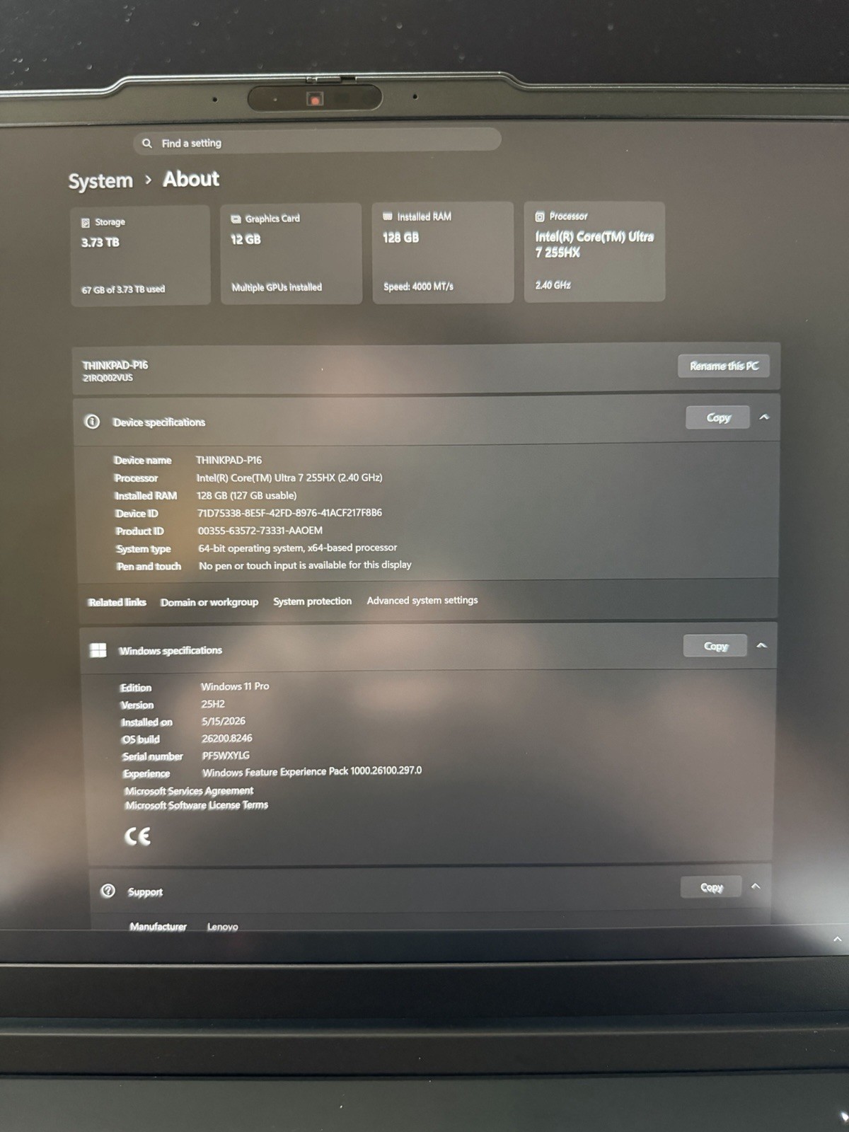 Lenovo ThinkPad P16 16″ Gen 3, Core Ultra 7, 128GB Ram, 4TB SSD, RTX PRO 3000