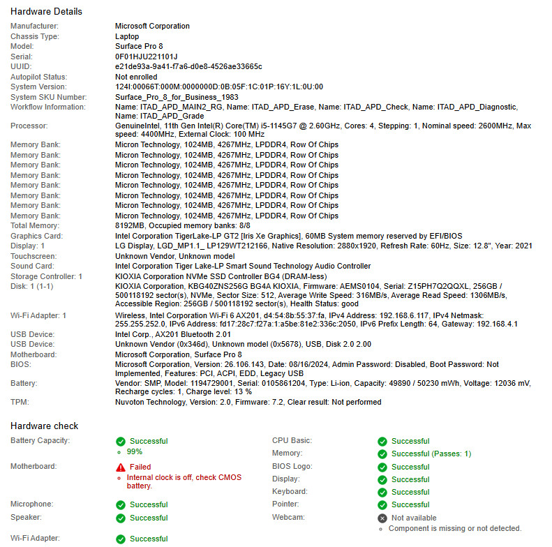 Microsoft Surface Pro 8, i5-1145G7, @ 2.60GHz, 8GB RAM, 256GB NVMe-No OS/Charger